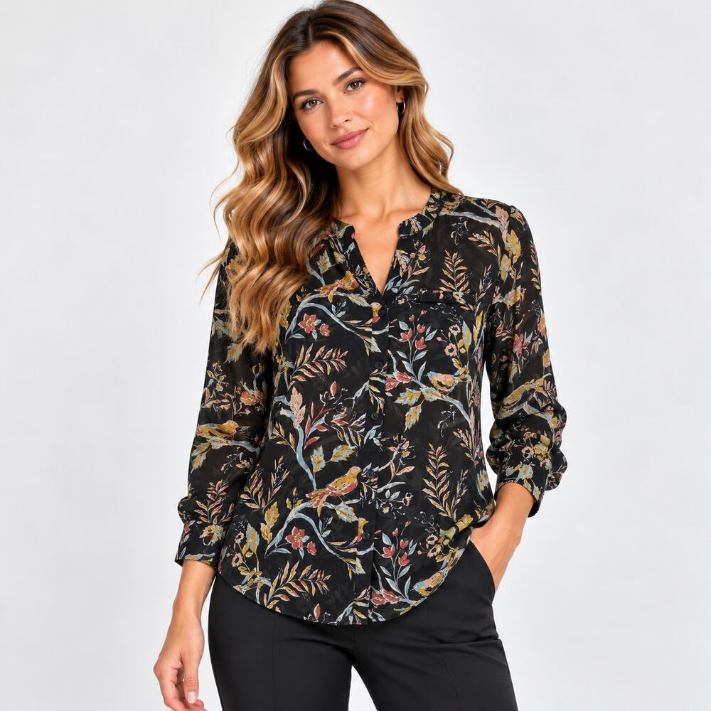 Preswick & Moore Sheer Button-Up Shirt Women's Size PL Black Floral Birds Office